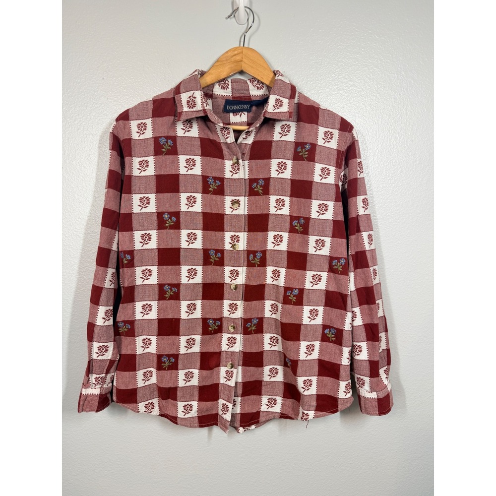 Donnkenny Button Down Women Large Red Plaid Floral Embroidered Cotton Shirt